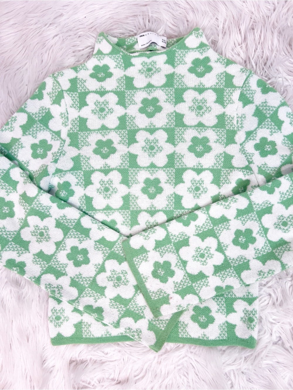 ASOS DESIGN GREEN WHITE FLORAL PATTERN MOCK NECK SWEATER SZ 6